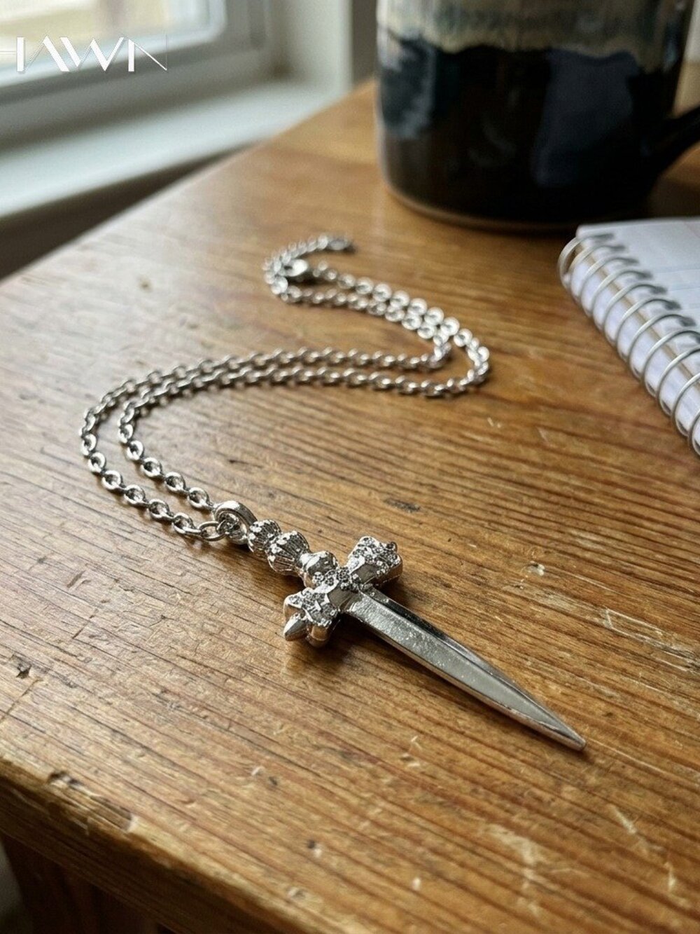Mens Silver Dagger Pendant Necklace